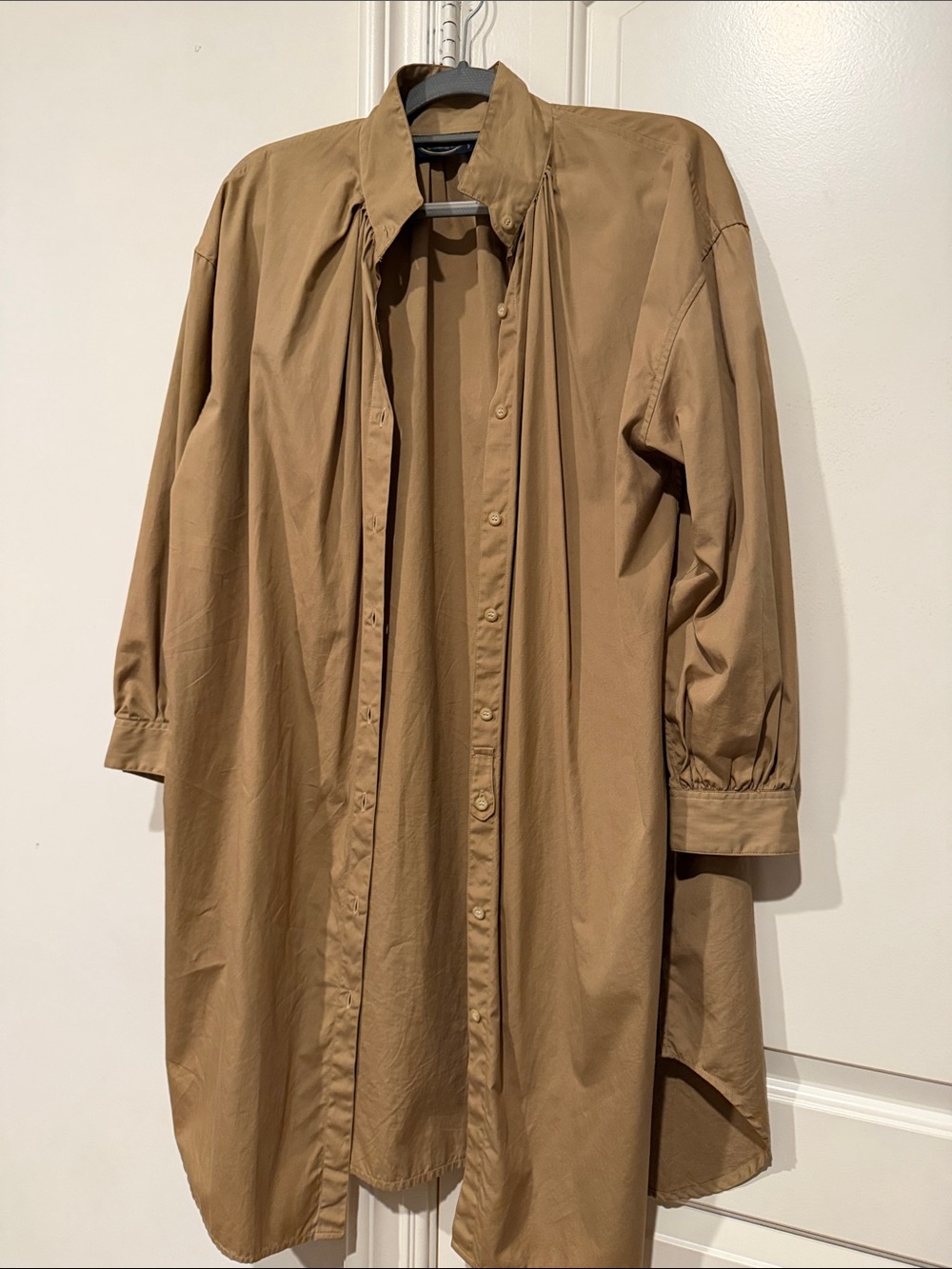 British Khaki Long Button-Down Shirt Dress - Tan